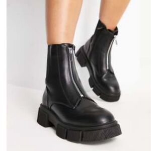 ASOS New Look Zip Front Flat Chunky Chelsea Boot Black